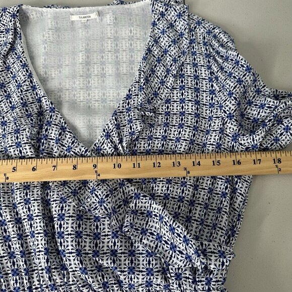 Tularosa x Revolve Ruffle Mini Dress Blue White Size S Surplice Long Sleeve - Picture 8 of 11
